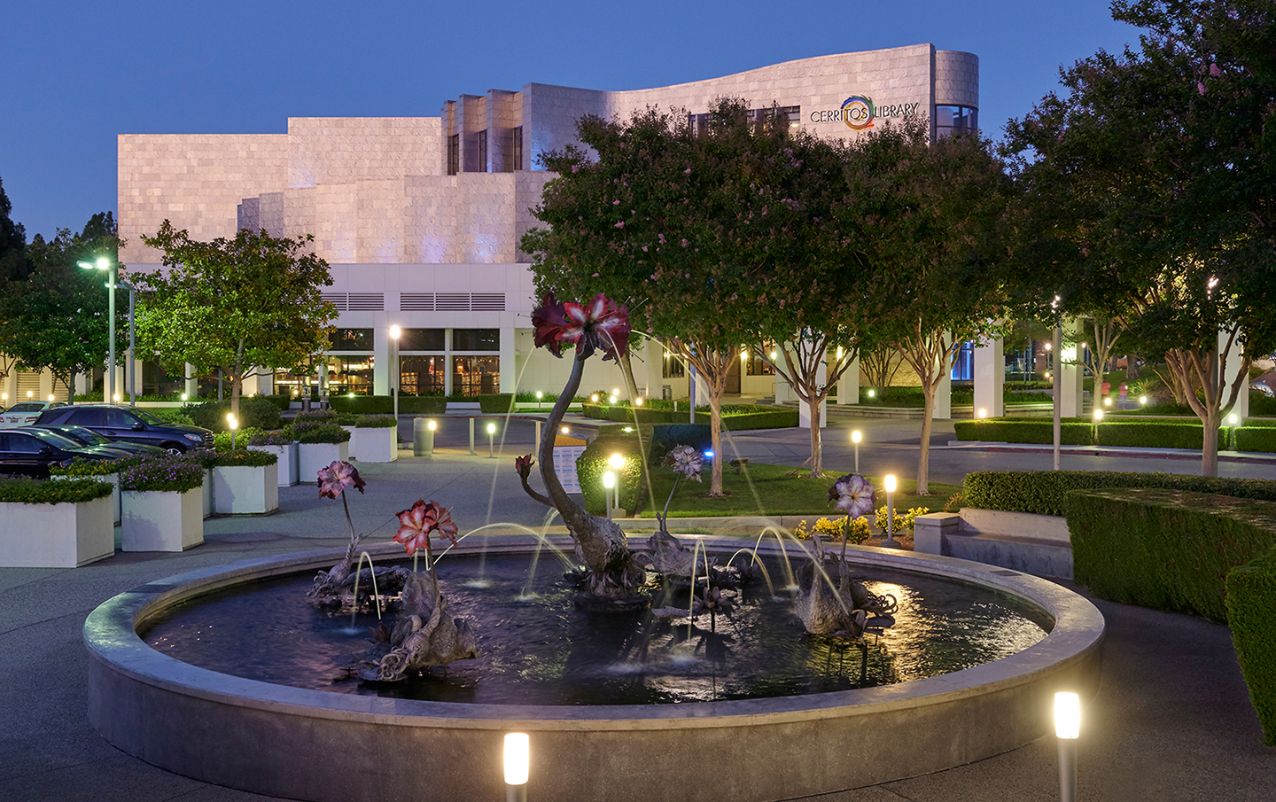 Cerritos Library Exterior at Night